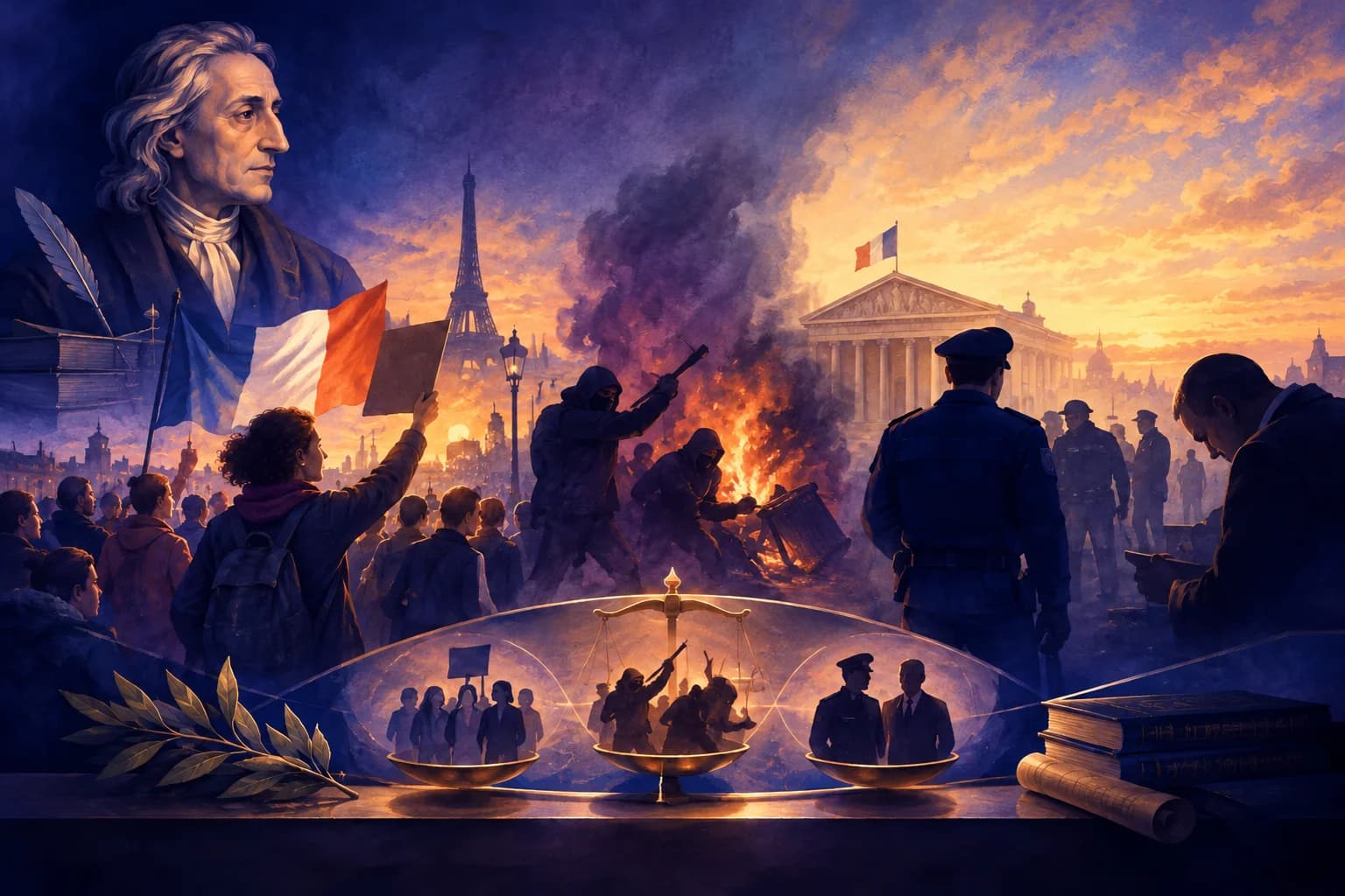 Illustration of unrest in France, with protesters, police, French flags, and flames beneath a philosopher’s portrait, framed by books and scales of justice.