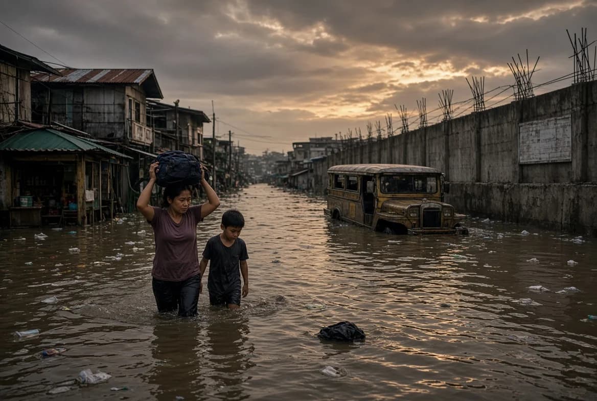 Mother and Son walking through a flooded street